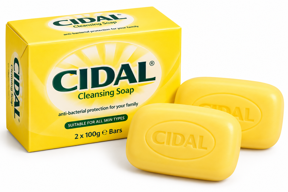 Cidal Antibacterial Cleansing Soap 2-pack containing two yellow 100g soap bars, with bright yellow packaging, dark green Cidal branding, and embossed Cidal logos on the soap bars, displayed against a clean white background.