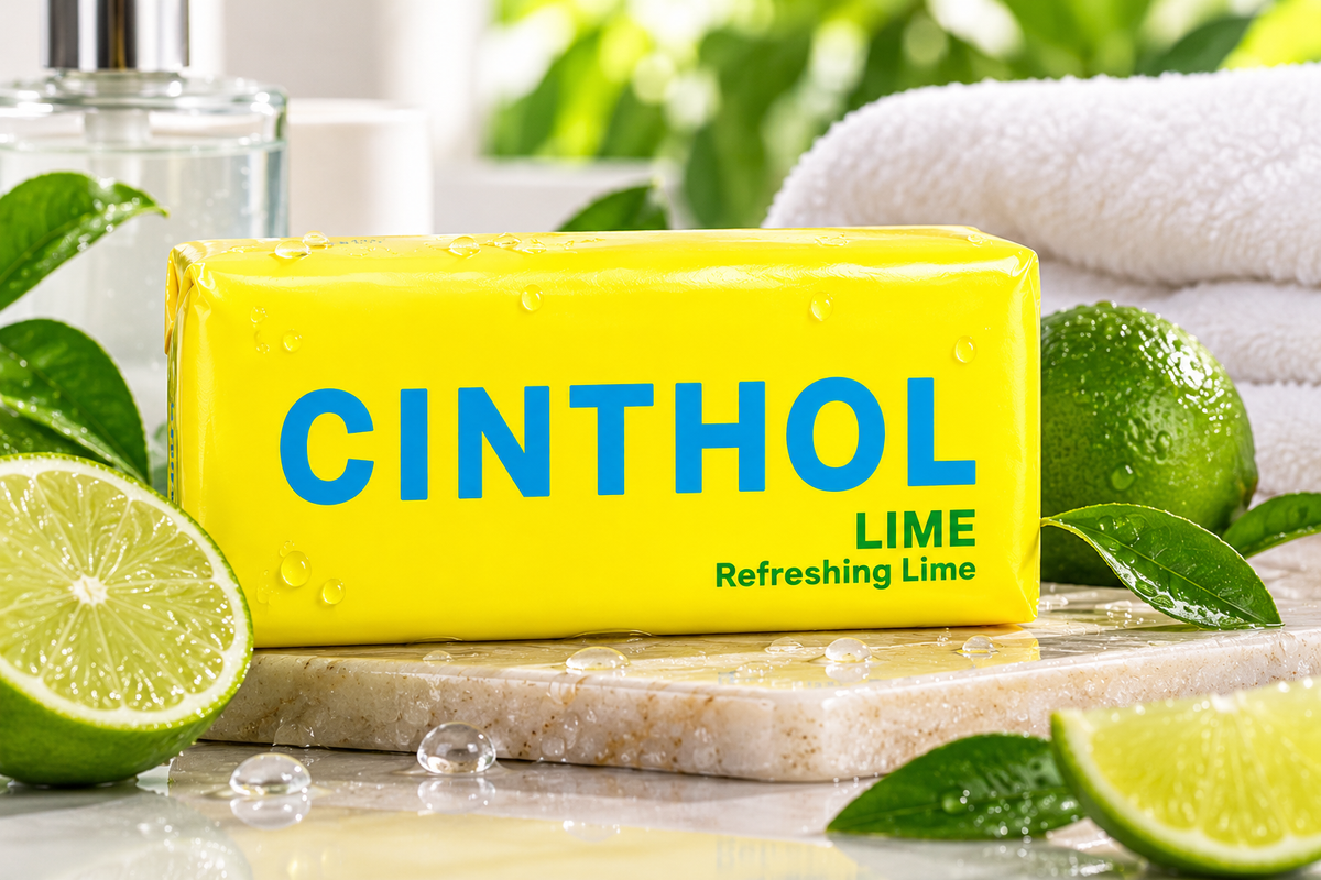 Cinthol Lime Fresh Soap in yellow packaging with fresh lime slices, green leaves and water droplets