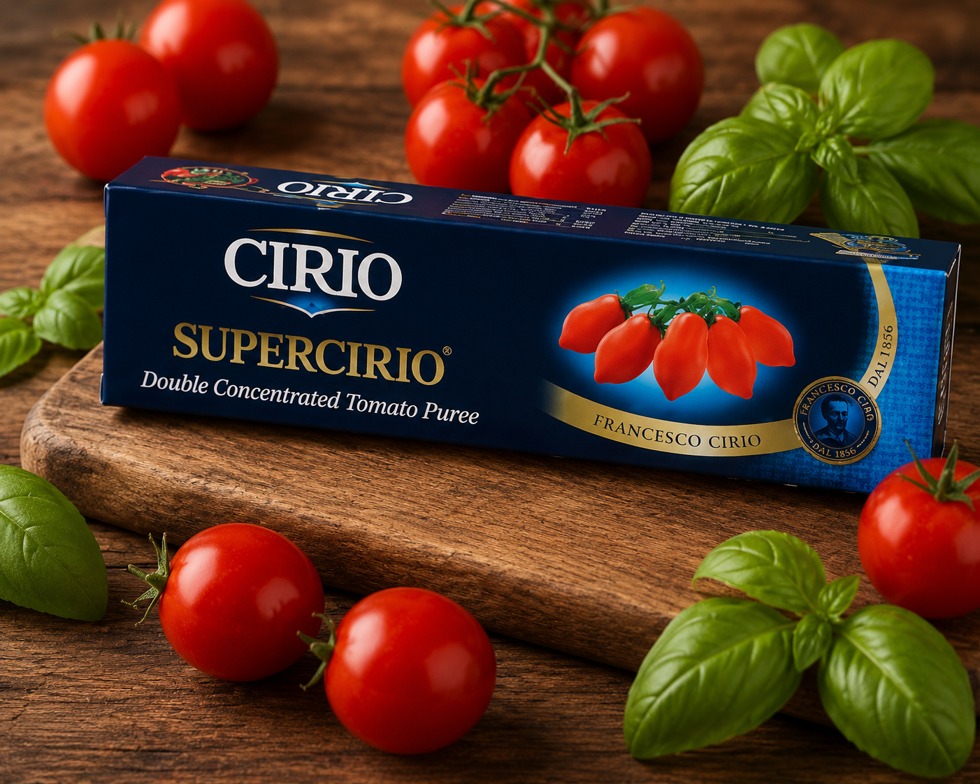 Cirio Supercirio Double Concentrated Tomato Puree beautifully displayed on a rustic wooden board with fresh tomatoes and basil leaves, highlighting its rich Italian flavour and premium quality for authentic Mediterranean cooking.
