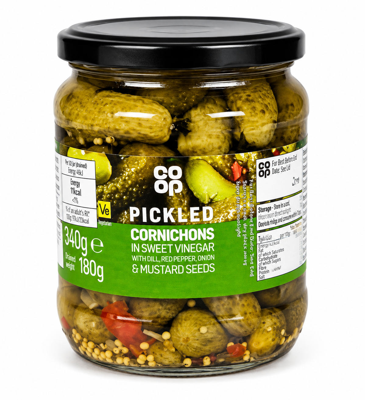 Co-op Pickled Cornichons in Sweet Vinegar 340g with dill, red pepper, onion and mustard seeds