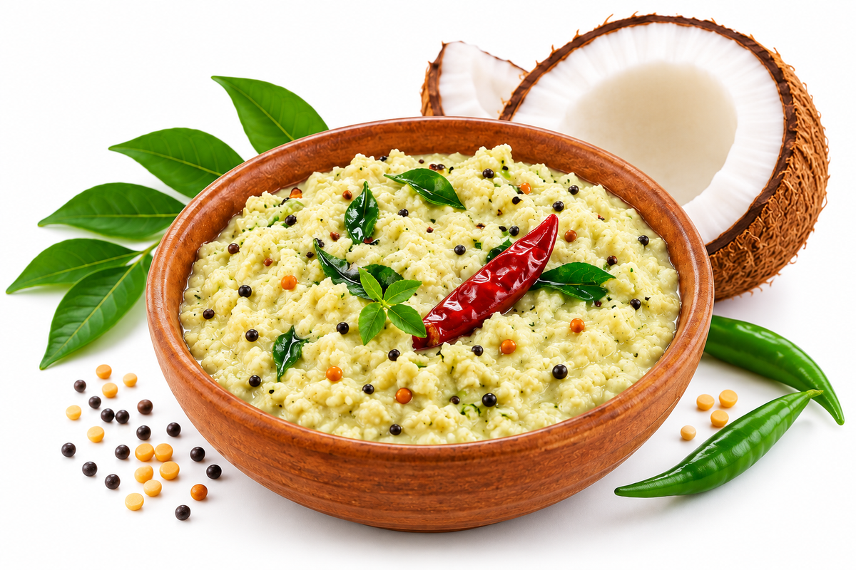 South Indian coconut chutney in a wooden bowl garnished with curry leaves, mustard seeds and red chilli, with fresh coconut on a white background