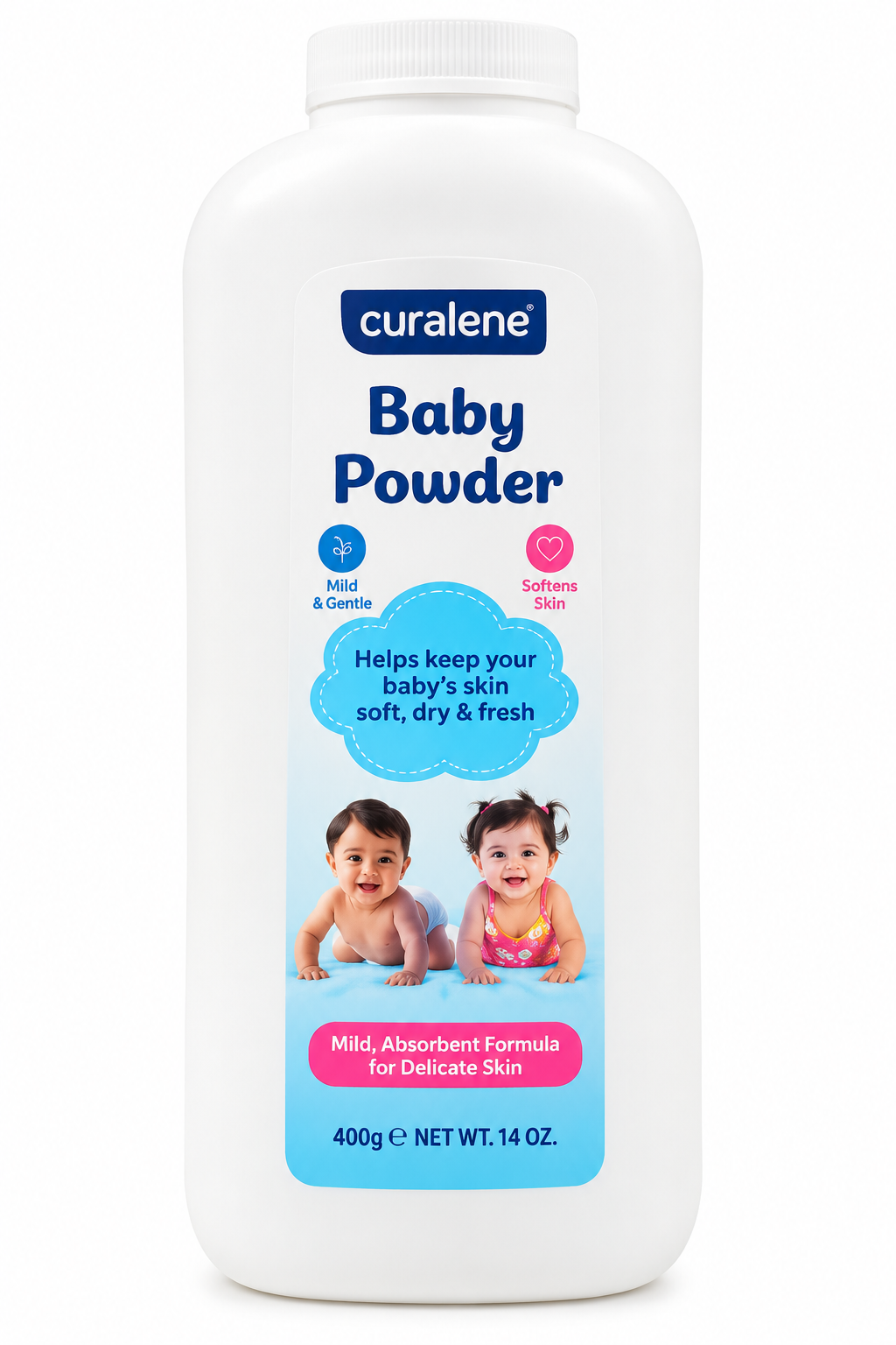 Curalene Baby Powder 400g in a white bottle with a blue and pink label, featuring the Curalene logo, baby illustrations and gentle skin care messaging.