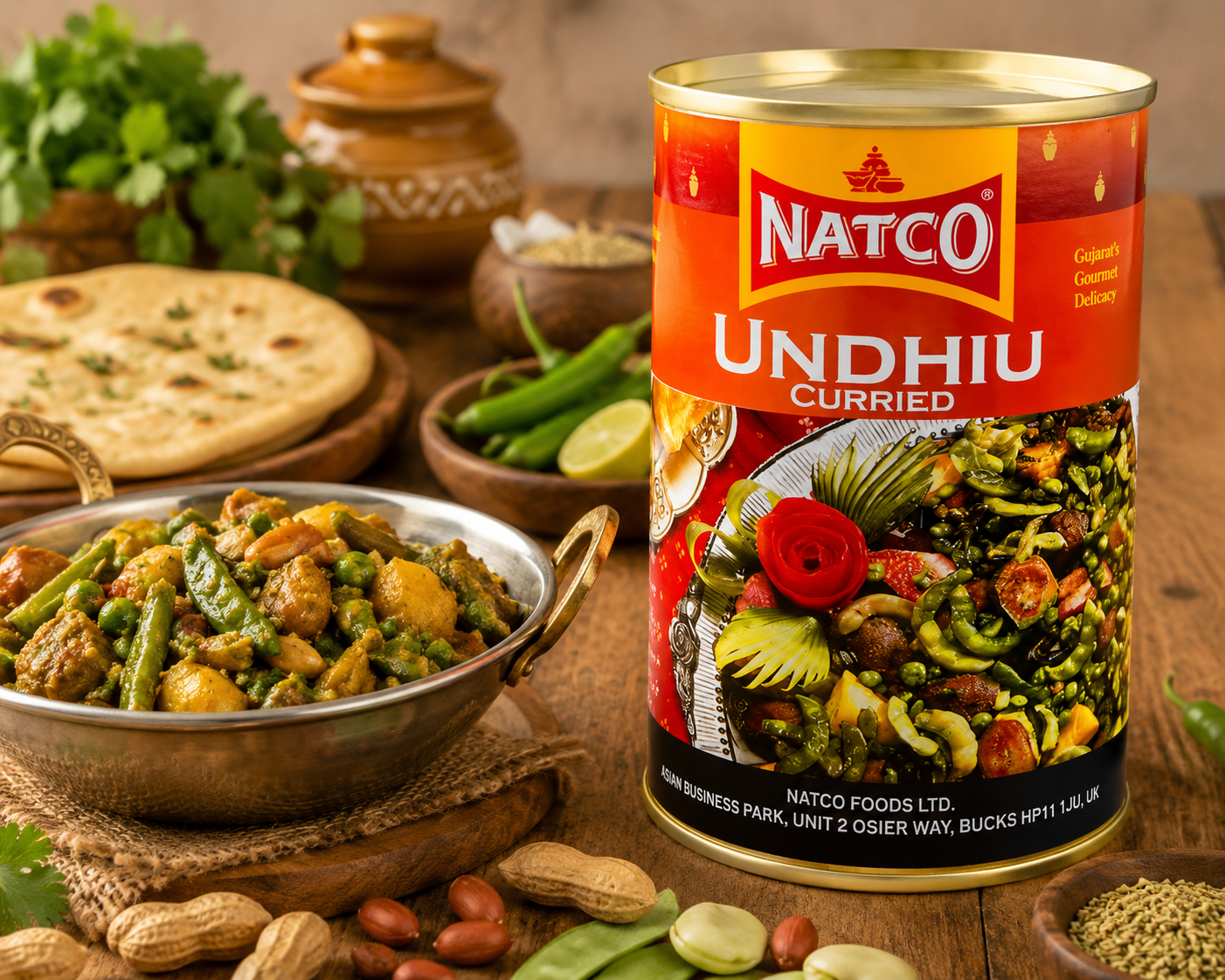 A can of Natco Undhiu Curried is prominently displayed next to a bowl of prepared undhiu curry, with flatbread, peanuts, green chilies, and spices arranged on a rustic wooden table.