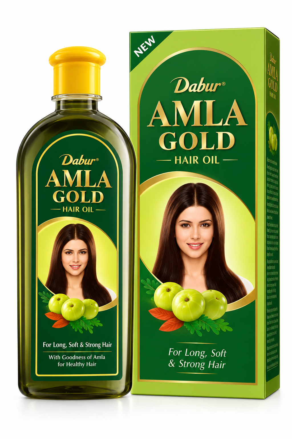 Dabur Amla Gold Hair Oil 200ml bottle and box with green and gold packaging, yellow cap, amla fruit illustrations and long hair imagery.