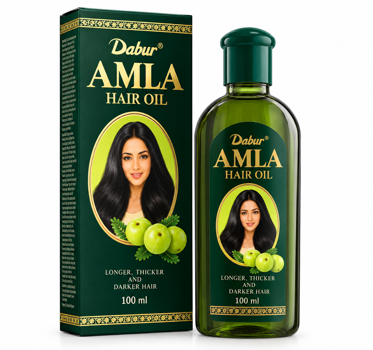 Dabur Amla Hair Oil 100ml featuring a dark green transparent bottle with a matching green cap, the Dabur Amla Hair Oil logo in gold lettering, and a matching dark green carton decorated with golden ornamental borders, green amla fruits, leafy branches, and a woman with long, dark hair. Displayed upright against a clean white background, highlighting traditional amla hair oil for nourishing hair and helping promote longer, thicker, and stronger-looking hair.