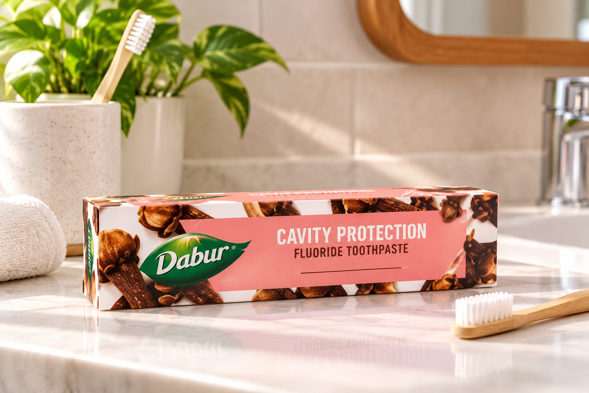 Dabur Clove Protection toothpaste box displayed on a bright bathroom countertop beside a bamboo toothbrush, folded white towel, and green plant, with soft natural light and a clean, modern bathroom setting.