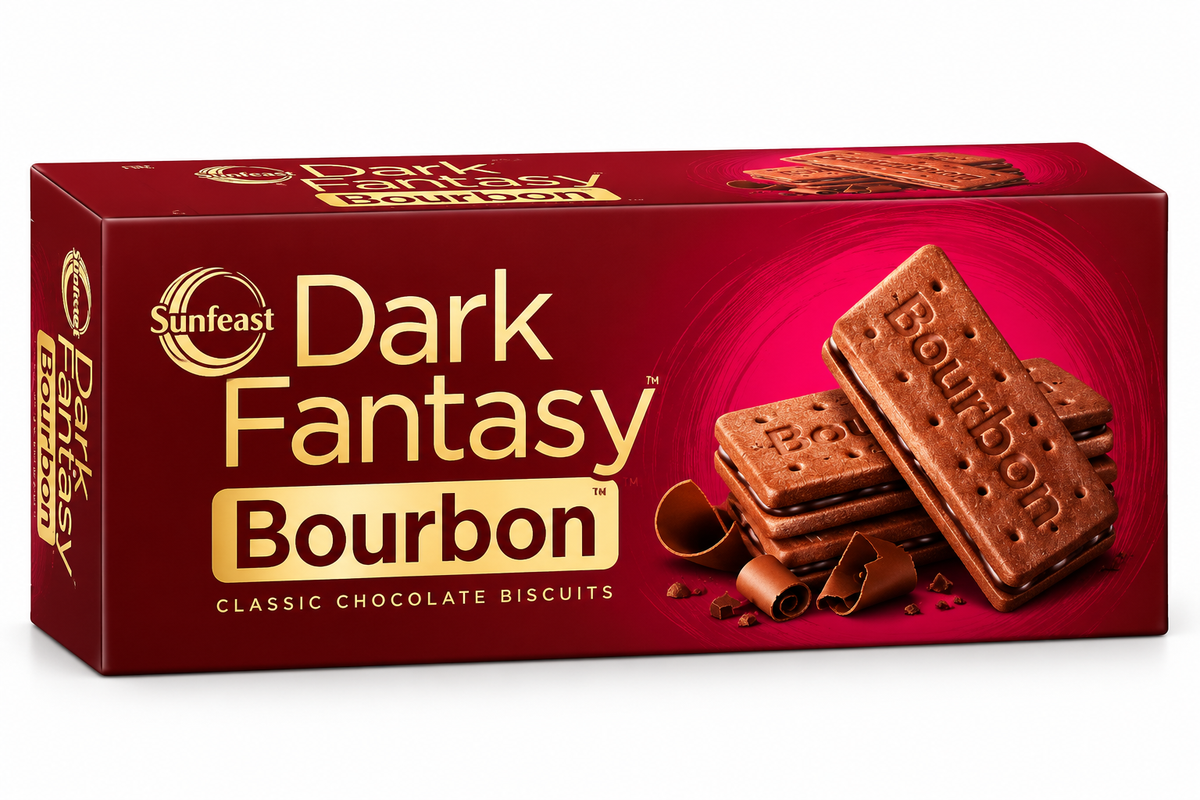Sunfeast Dark Fantasy Bourbon Choco Cream 400g pack featuring chocolate sandwich biscuits with creamy filling in premium maroon and gold packaging.