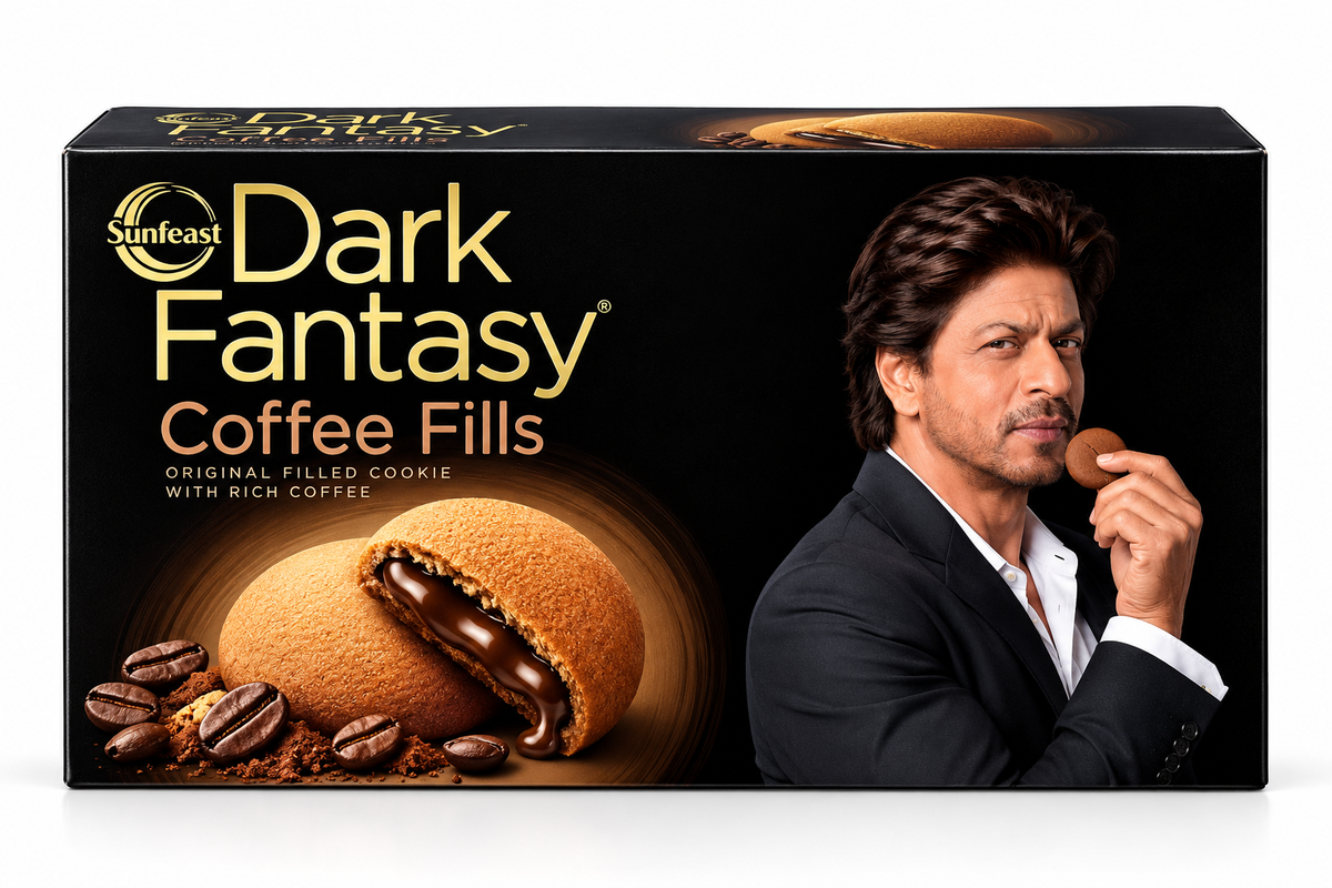 Sunfeast Dark Fantasy Coffee Fills 300g pack featuring chocolate cookies with rich coffee filling, roasted coffee beans, and black and gold packaging.
