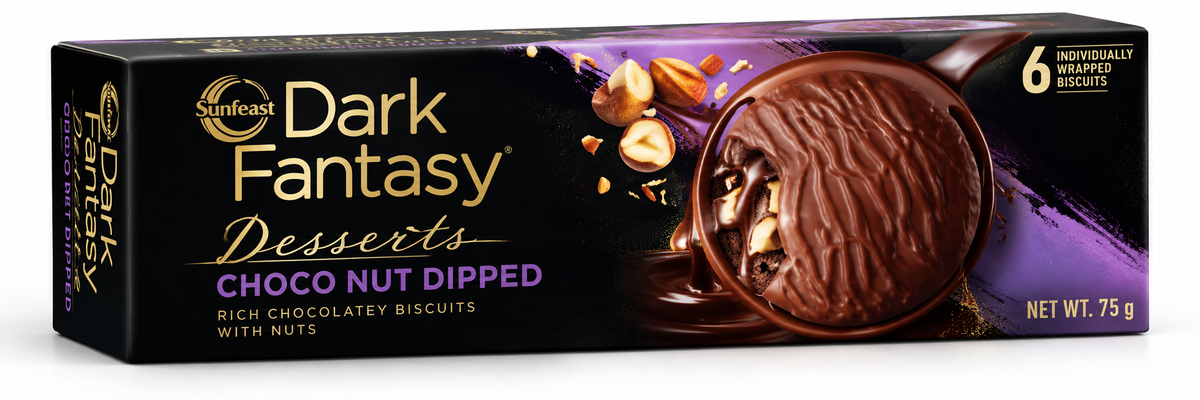 Sunfeast Dark Fantasy Desserts Choco Nut Dipped Biscuits 75g pack featuring chocolate-coated biscuits with rich chocolate and nut filling in premium black and purple packaging.