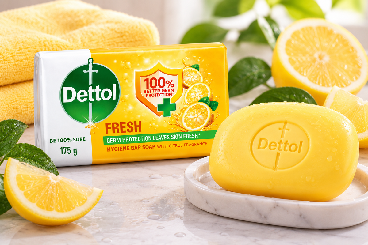 Dettol Fresh Soap 175g with yellow soap bar, fresh lemon slices, green leaves, and a yellow towel on a marble surface, highlighting its refreshing citrus fragrance.