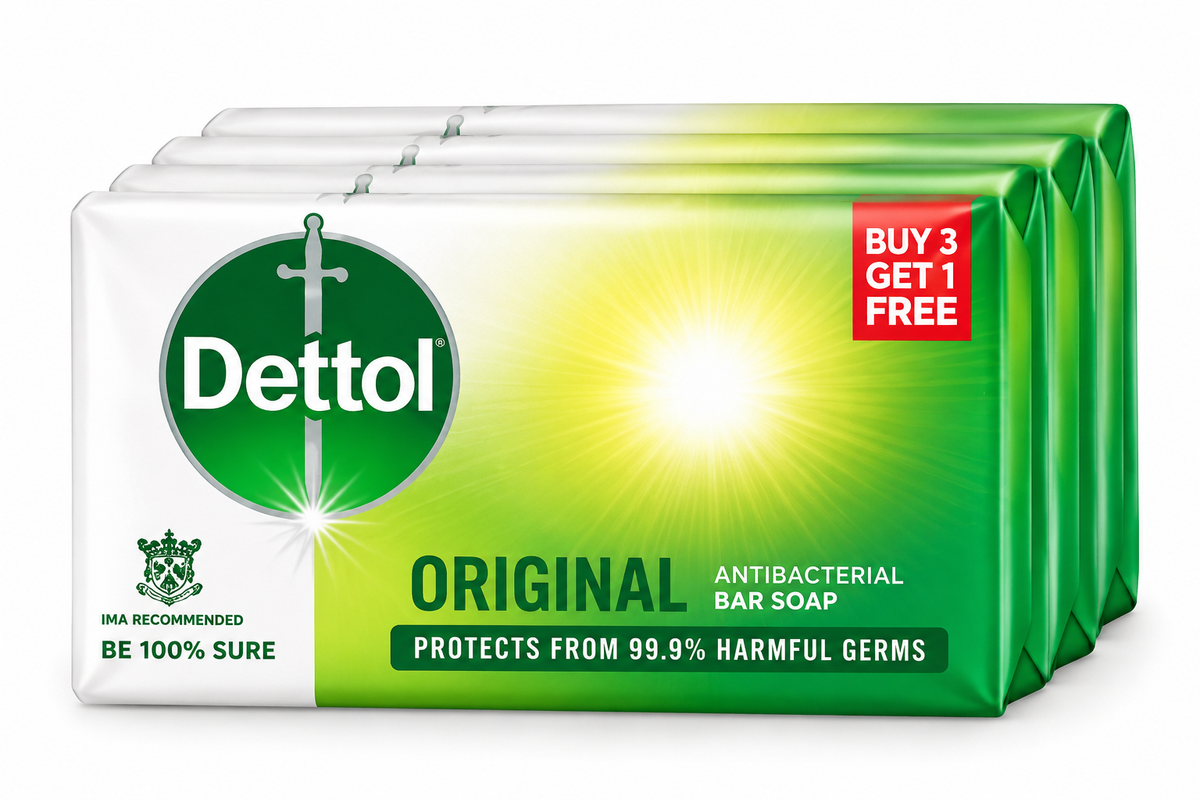 Dettol Original Bar Soap multipack containing four 100g bars, featuring white and green packaging, the green Dettol logo, yellow-green gradient design, and Original Antibacterial Bar Soap branding against a clean white background.