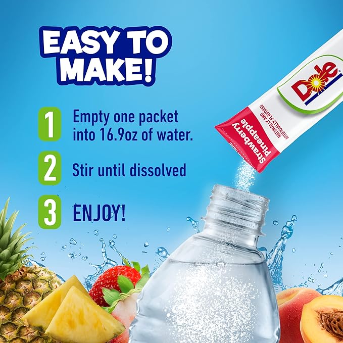 Brightly colored Dole Singles To Go Strawberry Pineapple packet, 16.2 g, easy-to-mix fruity drink mix.