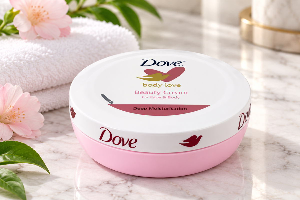 Dove Body Love Beauty Cream 75ml pink jar with a white lid displayed on a marble bathroom countertop beside soft pink flowers, a folded white towel, and green leaves in a bright, elegant skincare setting.