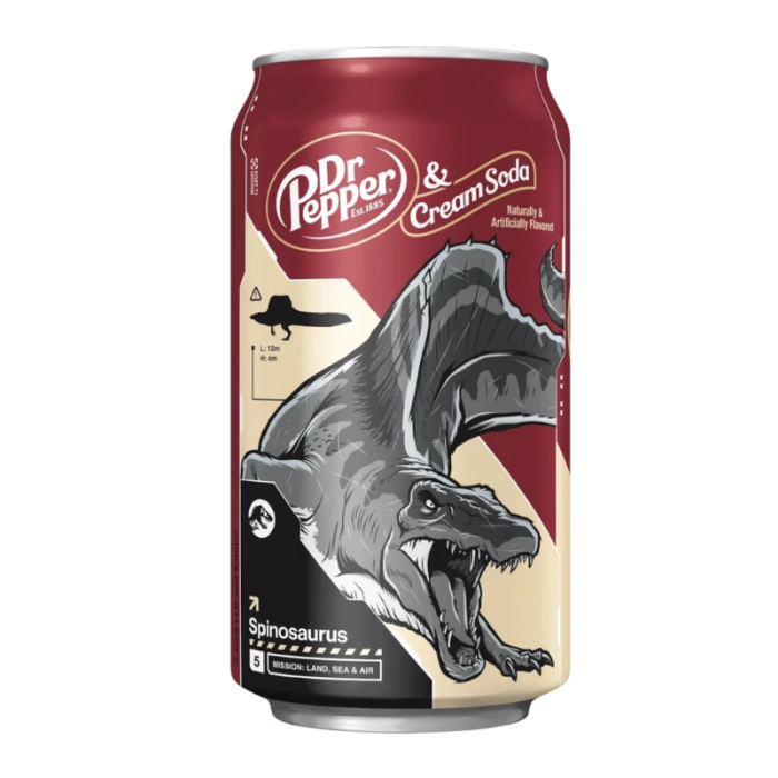 Dr Pepper & Cream Soda Jurassic World 12oz can with themed artwork