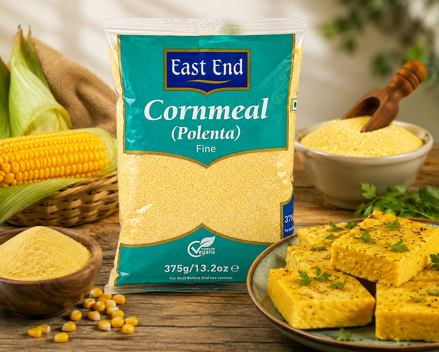 A bag of East End Cornmeal (Polenta) Fine stands on a rustic wooden table surrounded by corn, bowls of yellow cornmeal, and cornbread slices garnished with parsley.
