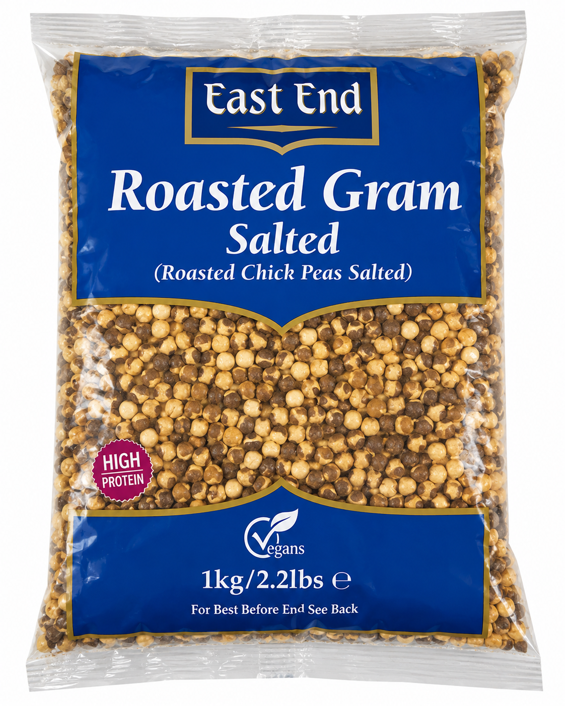 A 1kg bag of East End Roasted Gram Salted, showing the product inside a clear plastic bag with a blue and gold label. The roasted chick peas are visible through the clear window, and a 'HIGH PROTEIN' badge is on the left side.