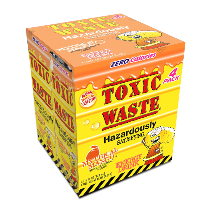 Four cans of Toxic Waste Mythical Mango 16 oz energy drink