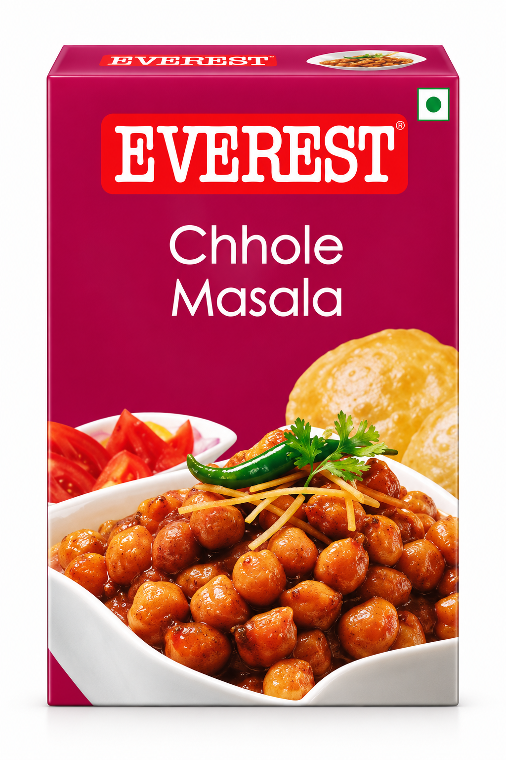 Everest Chhole Masala 100g single pack featuring deep magenta packaging, the red Everest logo and an image of spicy chickpea curry garnished with green chilli and fresh coriander.