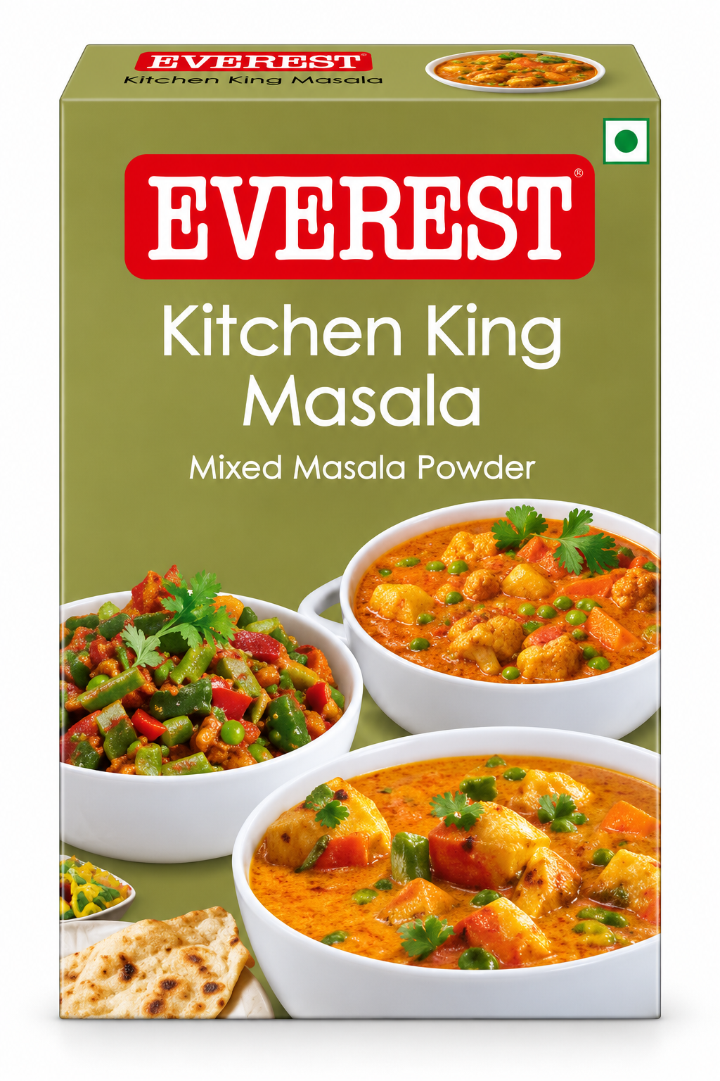 Everest Kitchen King Masala 100g spice packet featuring olive-green packaging, the red Everest logo, and images of Indian vegetable curries served with fresh coriander and flatbread.