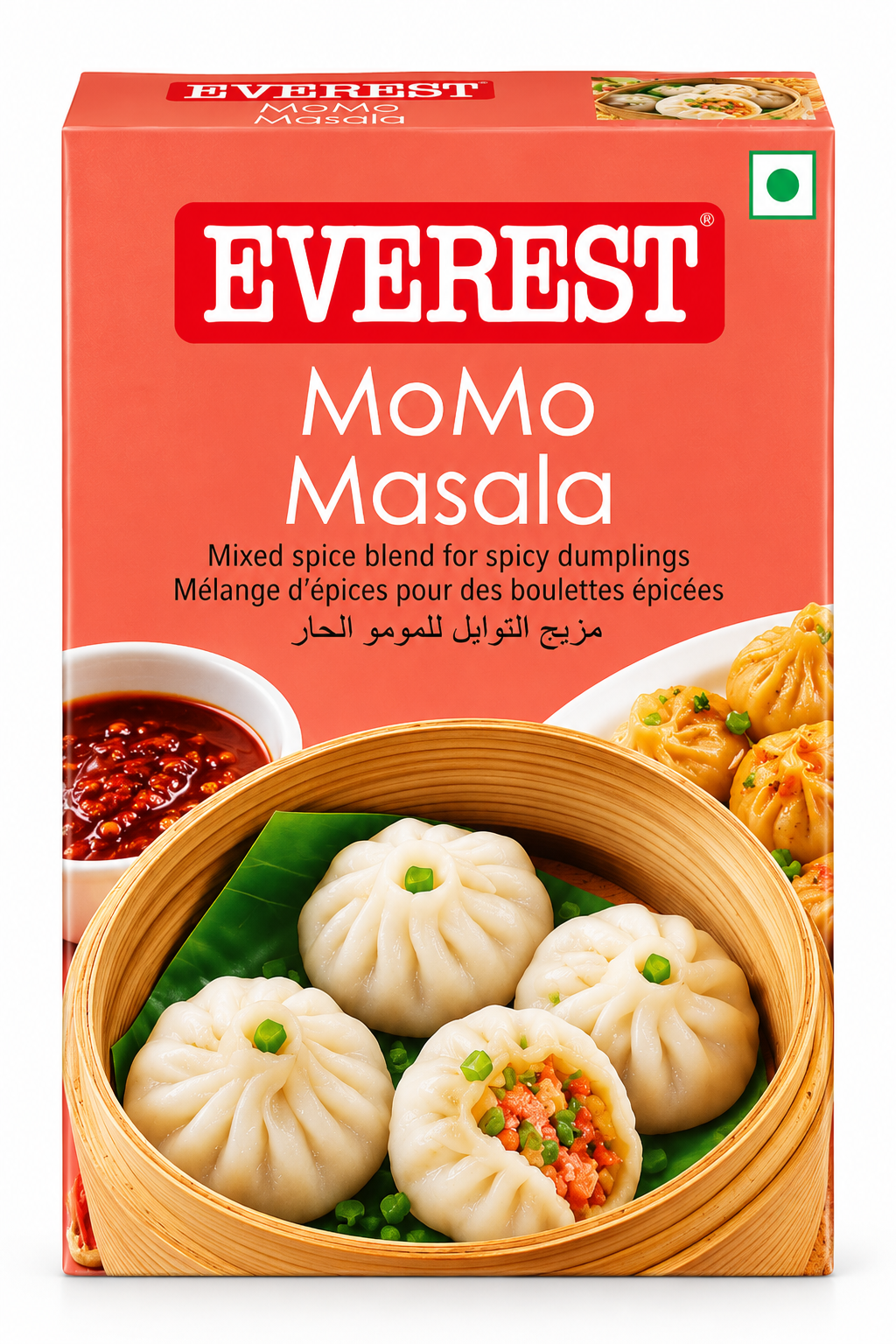 Everest Momo Masala 100g spice mix packet featuring coral-red packaging, the Everest logo, and images of steamed momos served in a bamboo basket with chilli dipping sauce.