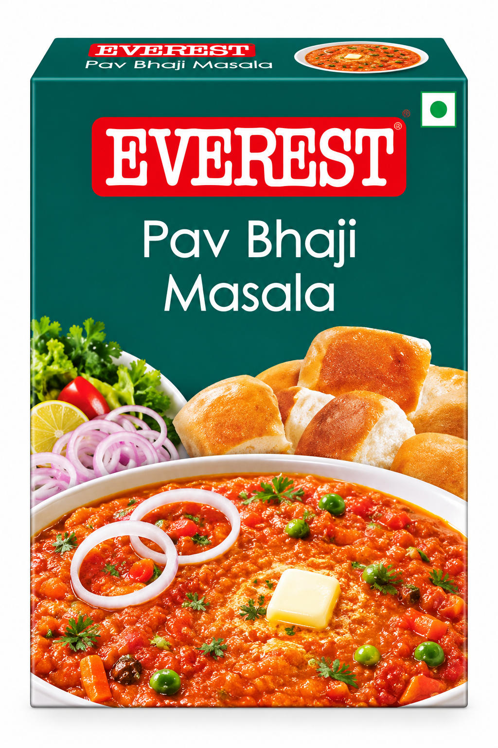 Everest Pav Bhaji Masala 100g spice packet featuring teal-green packaging, the red Everest logo, and an image of pav bhaji served with bread rolls, butter, onion and fresh herbs.