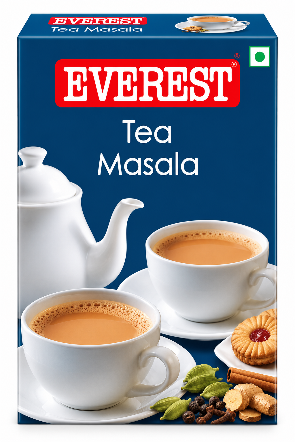Everest Tea Masala 100g single pack featuring dark blue packaging, the red Everest logo, and images of Indian masala chai served in white teacups with a teapot and spices.
