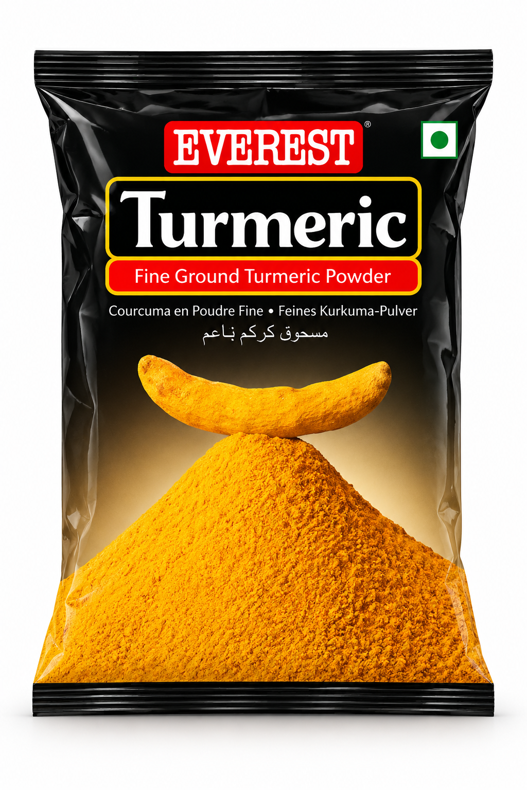 Everest Turmeric Powder 100g single pack featuring black packaging, the red Everest brand logo, bold turmeric lettering and vibrant golden-yellow turmeric powder imagery against a clean white background.