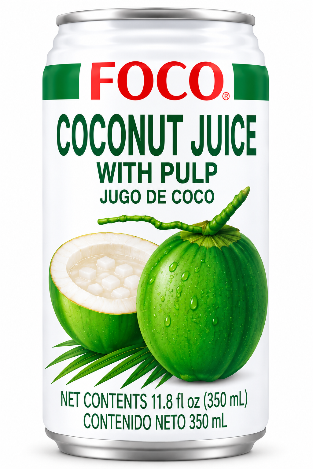 FOCO Coconut Juice with Pulp 350ml can featuring white packaging, red FOCO branding, fresh green coconuts, coconut flesh, and tropical green leaves.