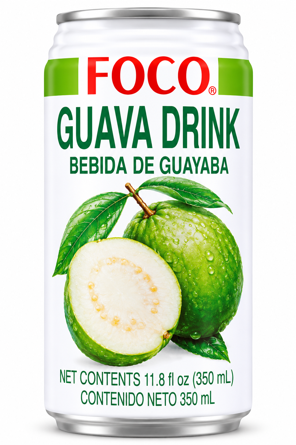 FOCO Guava Juice Drink 350ml can featuring white packaging, red FOCO branding, fresh green guavas, a sliced guava showing its seeds, and green leaves.