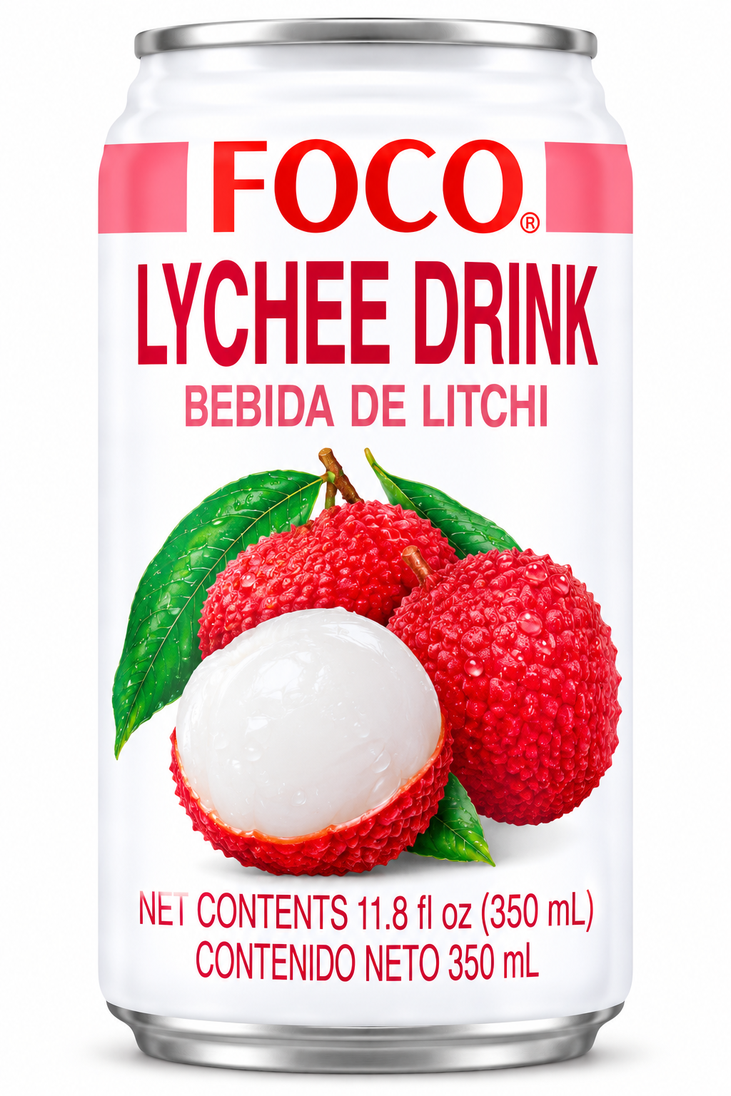 FOCO Lychee Juice Drink 350ml can featuring white packaging, red FOCO branding, fresh red lychees, a peeled lychee showing its white flesh, and green leaves.
