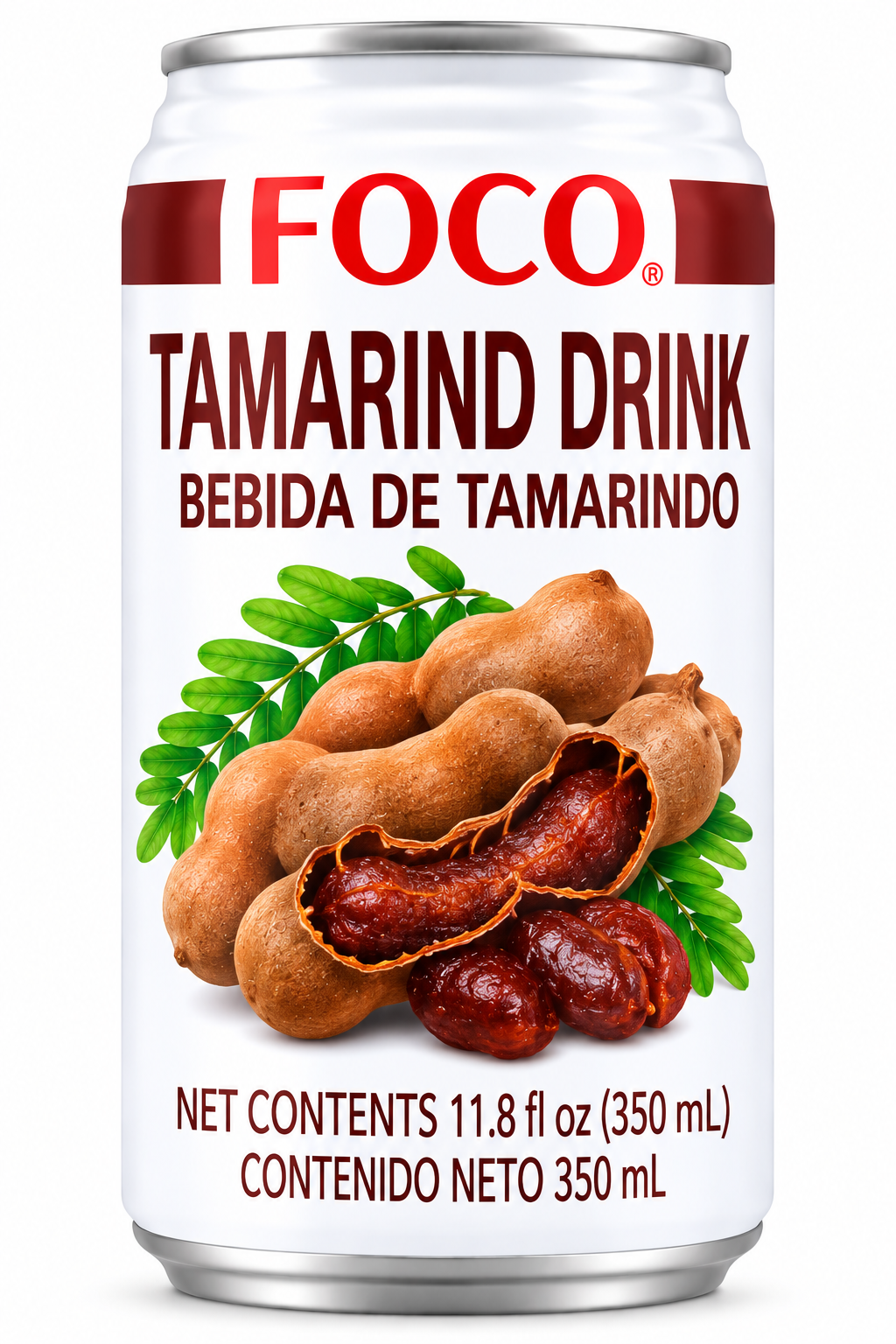 FOCO Tamarind Juice Drink 350ml can featuring white packaging, red FOCO branding, fresh tamarind pods, rich tamarind pulp, and green leaves.