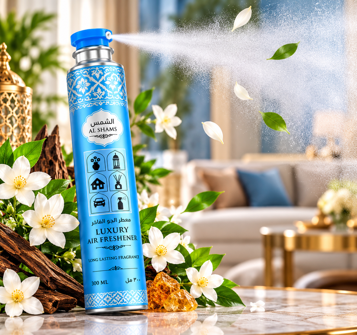FOGG Al Shams Luxury Air Freshener 300ml blue aerosol spray can releasing a fine fragrance mist with white flowers and green leaves in a luxurious living room.
