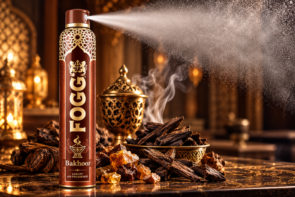 FOGG Bakhoor Luxury Air Freshener 300ml bronze-brown spray can releasing a fine mist, surrounded by traditional brass incense burners, oud wood chips, amber resin and glowing lanterns in a luxurious Arabian-inspired setting.