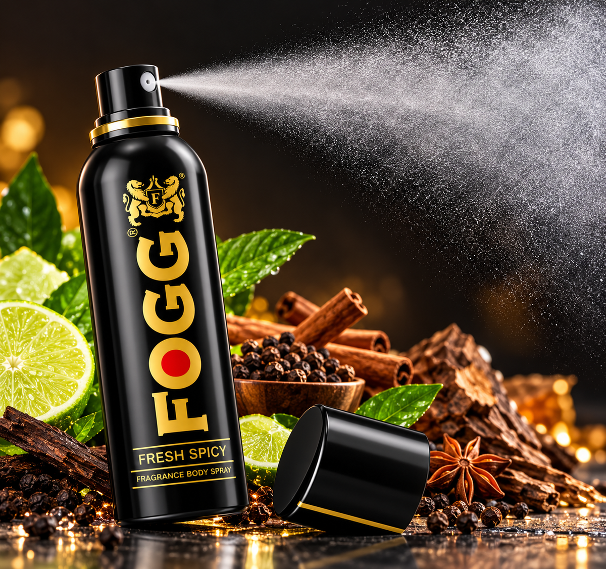 FOGG Fresh Spicy 120ml black body spray releasing a fine fragrance mist with lime, green leaves and aromatic spices.