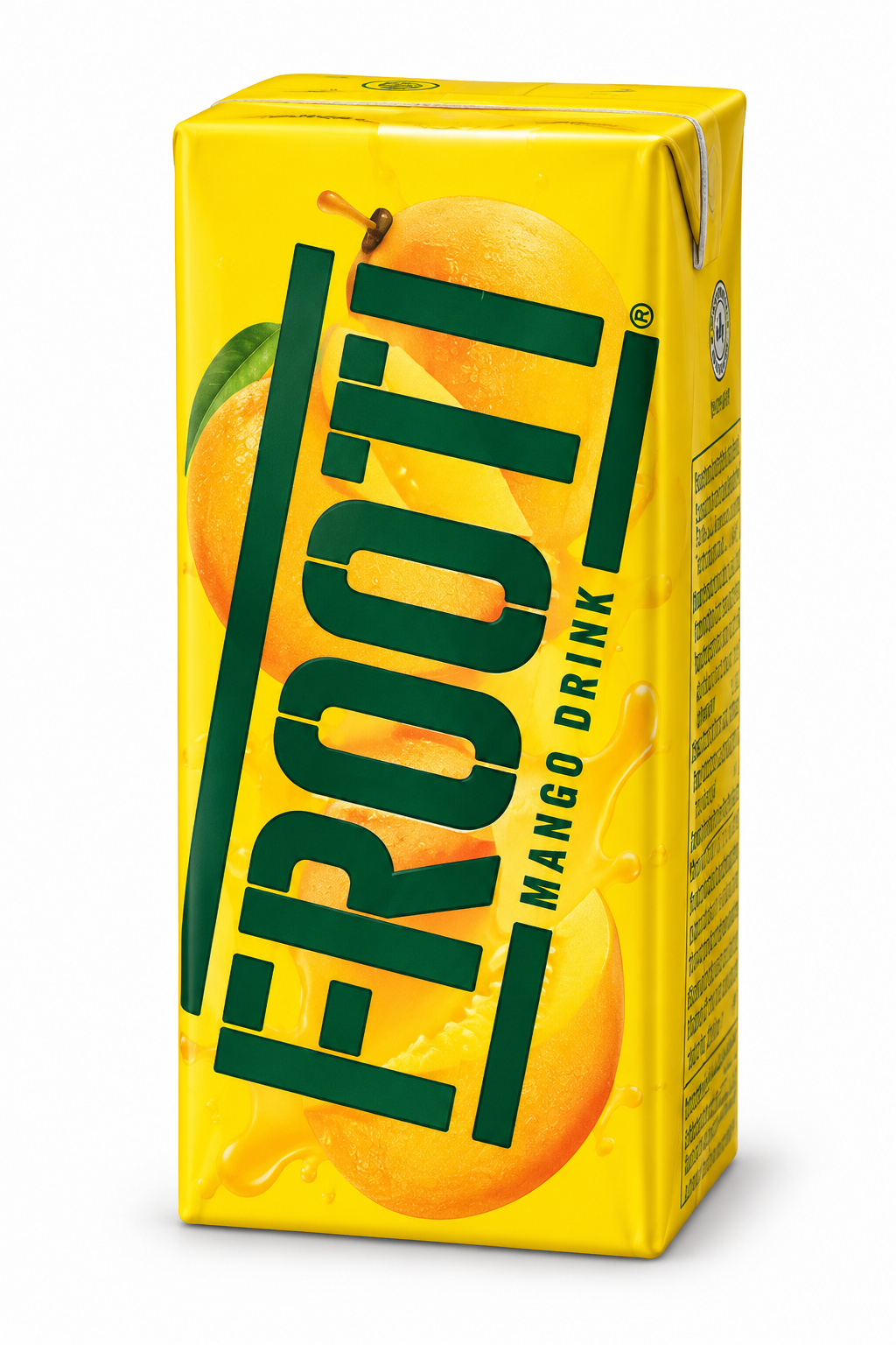 Frooti Mango Drink 200ml carton pack featuring bright yellow packaging, bold green Frooti branding, juicy mango illustrations, and mango drink graphics.