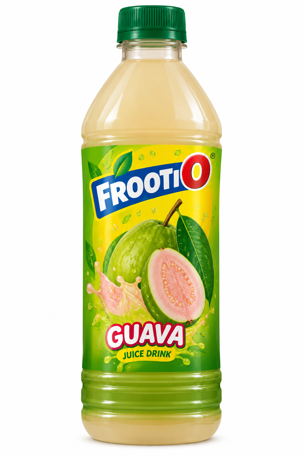 Frooti O Guava Juice Drink 500ml plastic bottle featuring a green cap, green and yellow label, fresh green and pink guava slices, and Frooti branding.