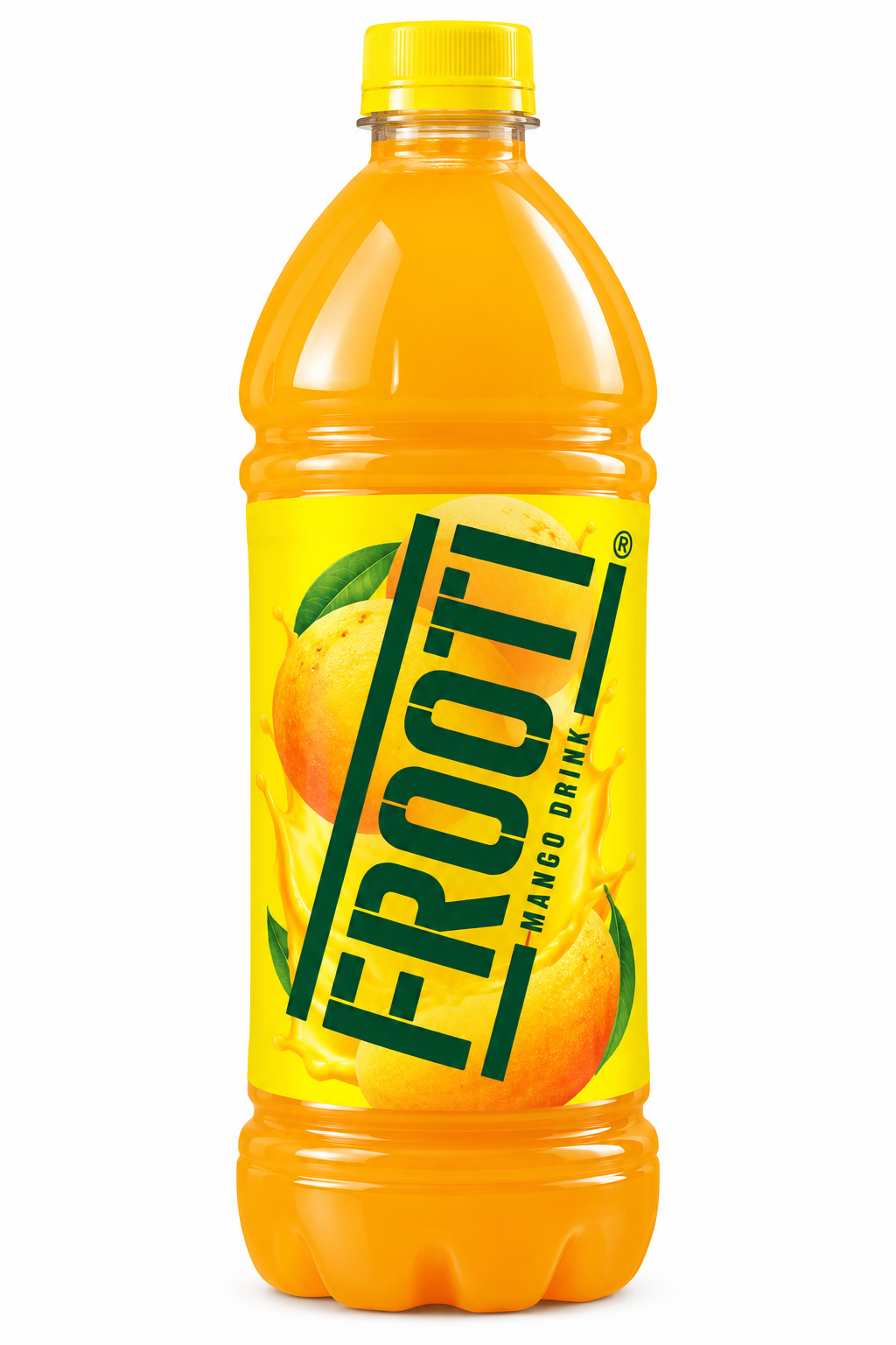 Frooti Mango Drink 1 litre plastic bottle featuring yellow packaging, green cap, vertical green Frooti logo, and refreshing mango drink branding.