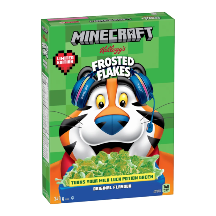 Kellogg’s Frosted Flakes Minecraft Edition cereal 340g in a Canadian import box, featuring bright green Minecraft artwork, Tony the Tiger, and frosted cornflakes branding.