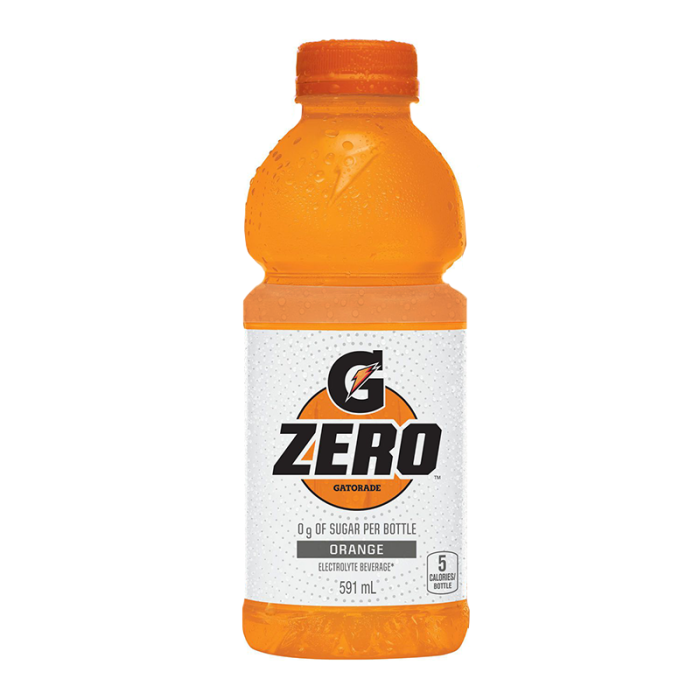 591ml Gatorade Zero Orange sugar-free sports drink displayed upright on white background