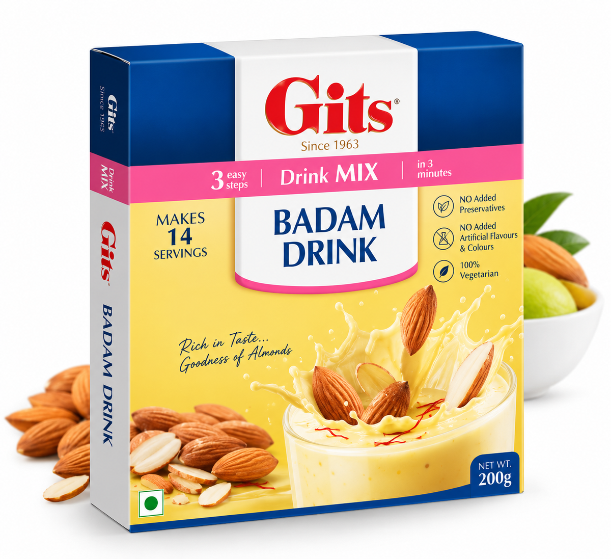 Gits Badam Drink Mix 200g box with blue, pink and yellow packaging, featuring the Gits logo, almond drink imagery, sliced almonds and creamy badam milk.