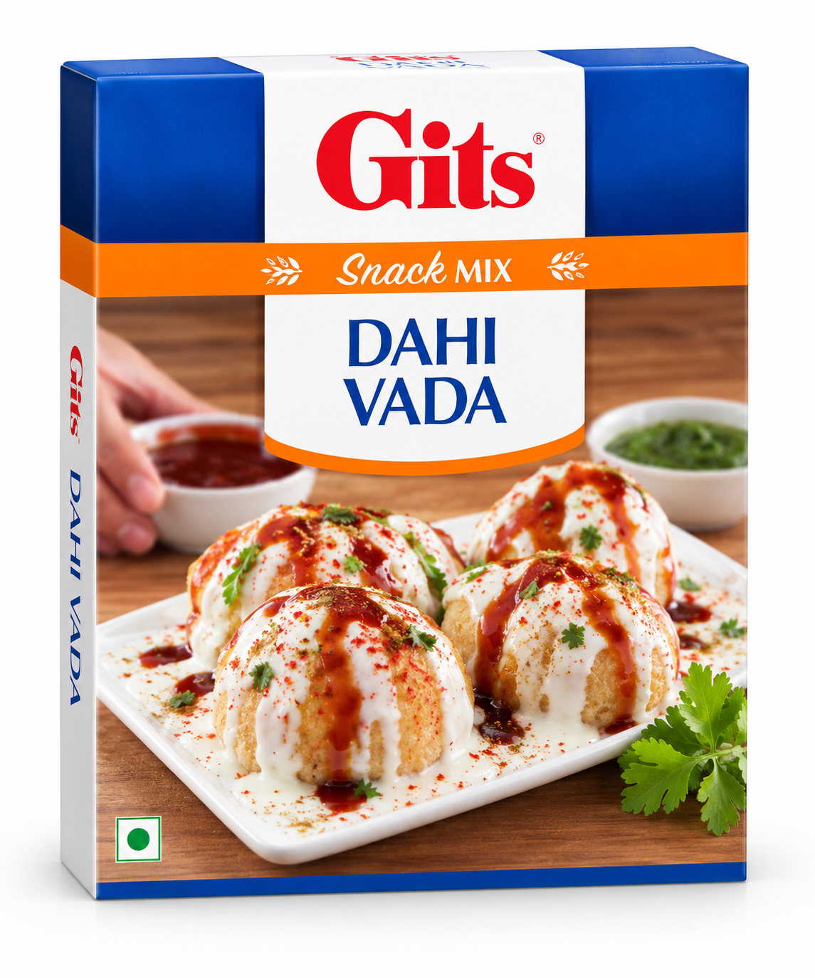 Gits Dahi Vada Mix 500g box featuring blue, white and orange packaging, red Gits logo, soft dahi vadas topped with creamy yoghurt, tamarind chutney, spices and fresh coriander, with a green vegetarian symbol.