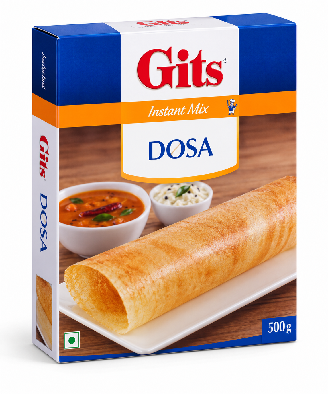 Gits Dosa Instant Mix 500g box featuring blue, white, and orange packaging with the red Gits logo, bold DOSA lettering, and an image of a golden, crispy rolled dosa served with sambar and coconut chutney against a clean white background.
