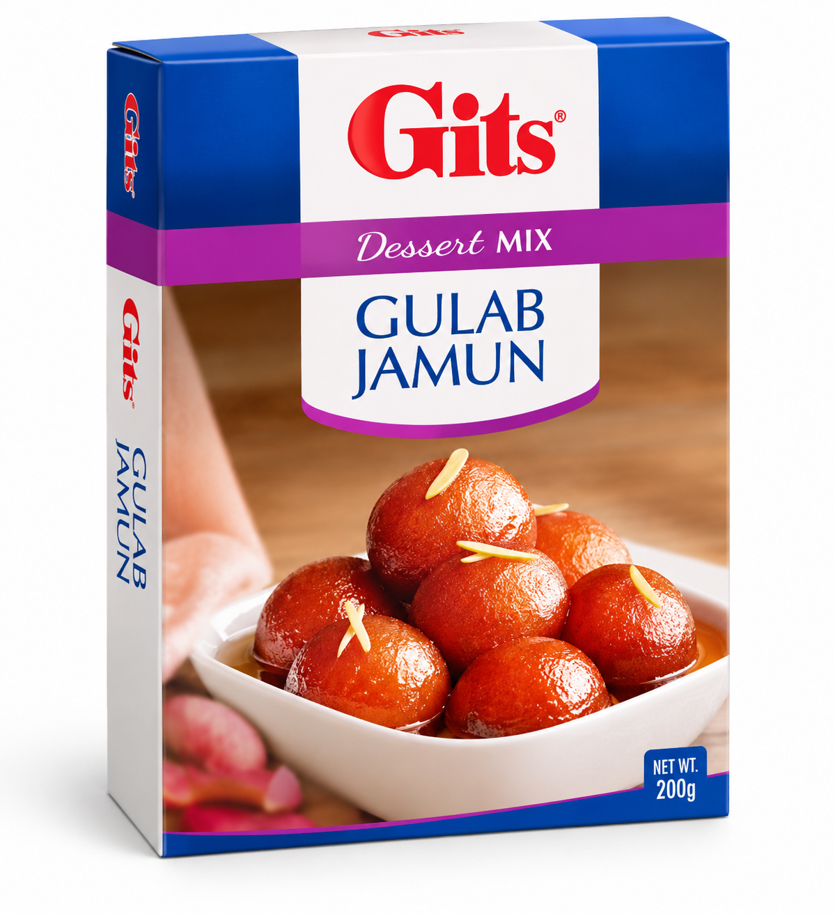 Gits Gulab Jamun Dessert Mix 200g in blue, white and purple packaging featuring the Gits logo, Gulab Jamun branding, and a serving suggestion of golden-brown syrup-soaked gulab jamun garnished with almond slivers.