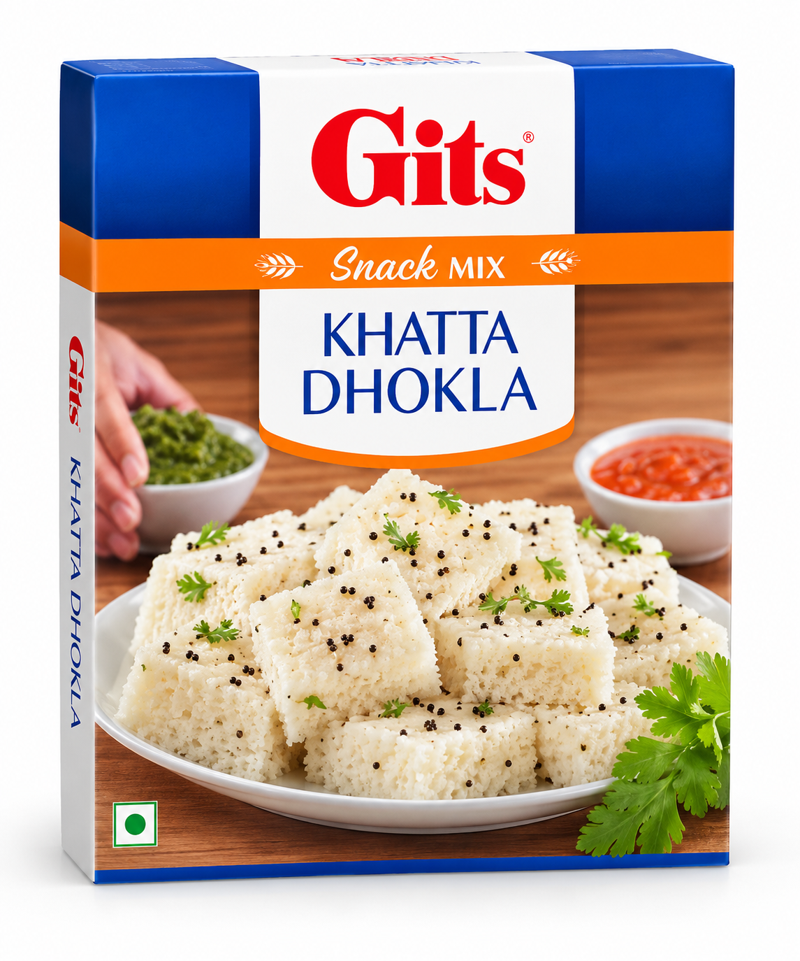 Gits Khatta Dhokla Mix 500g box featuring blue, white and orange packaging, red Gits logo, soft white dhokla pieces garnished with mustard seeds and coriander, green chutney, red chutney and a green vegetarian symbol.