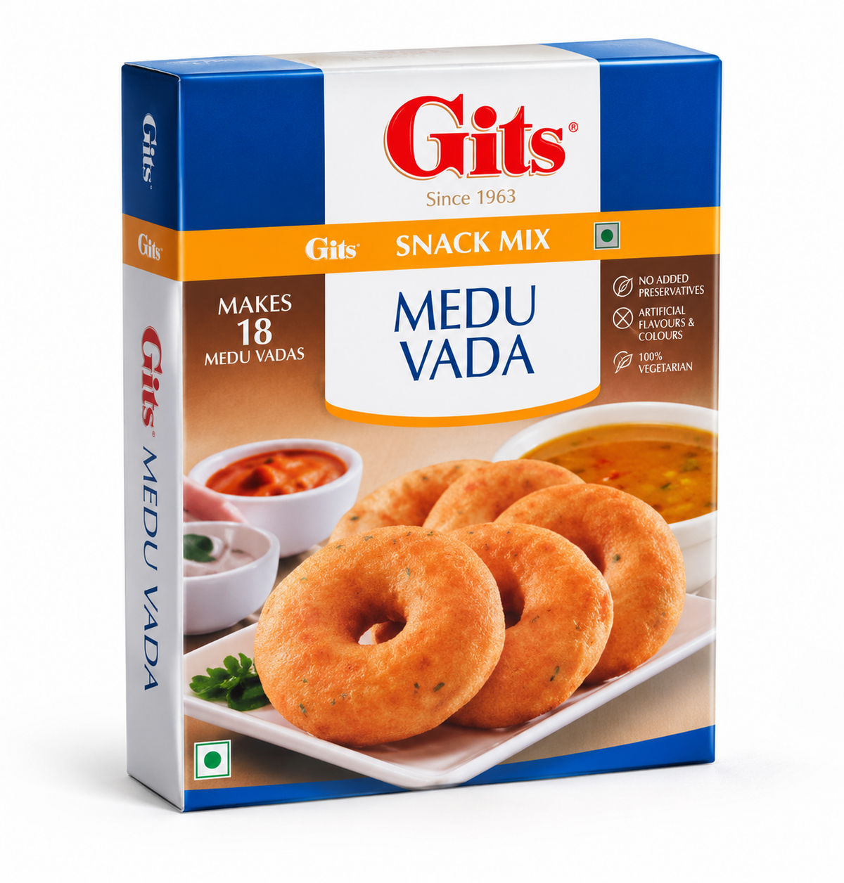 Gits Medu Vada Mix 200g box featuring blue, white and orange packaging, with golden medu vadas served alongside chutney and sambar.