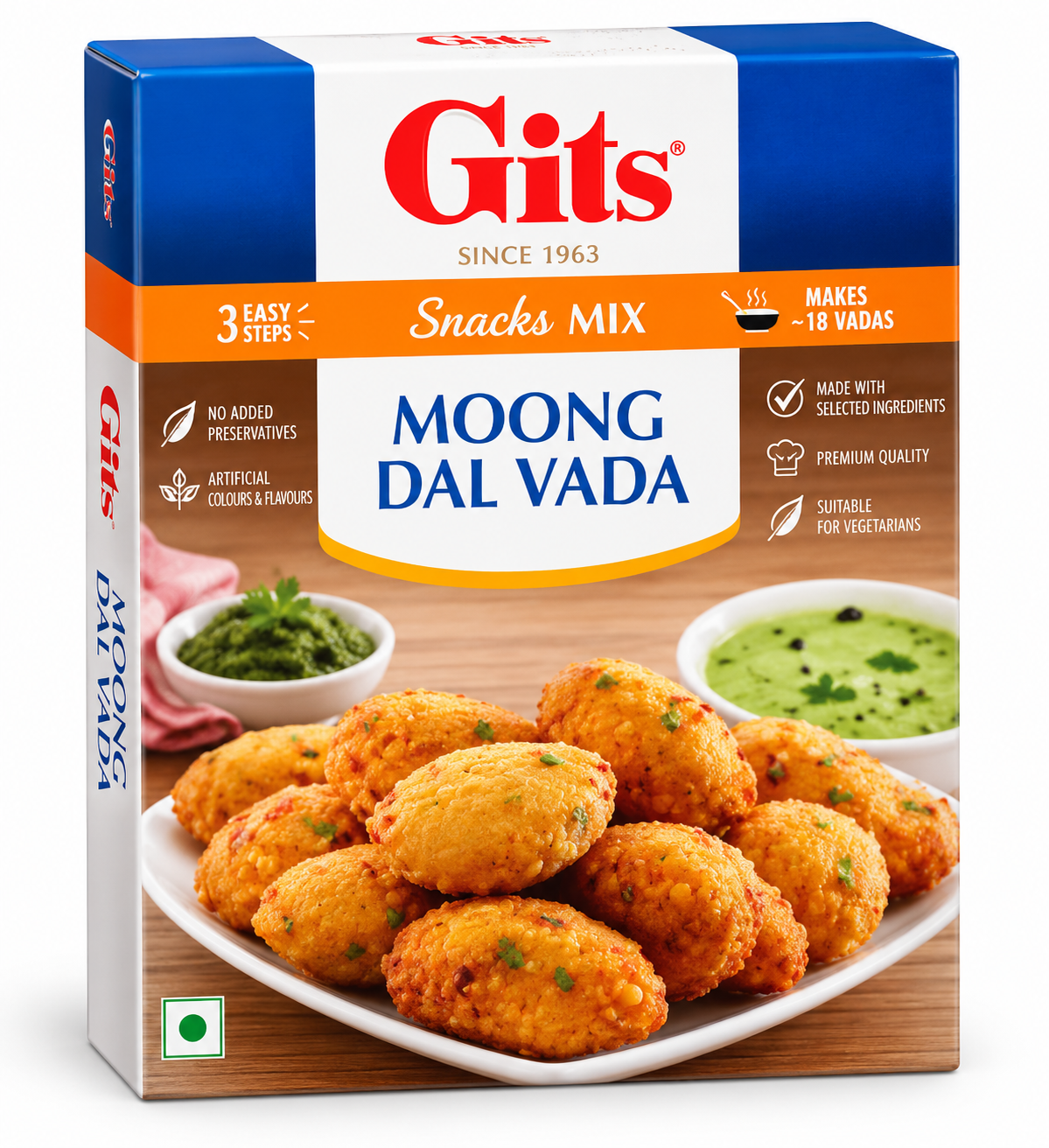 Gits Moong Dal Vada Mix 500g in blue, white and orange packaging featuring the Gits logo, Moong Dal Vada branding, and a serving suggestion of golden crispy moong dal vadas with green chutney.