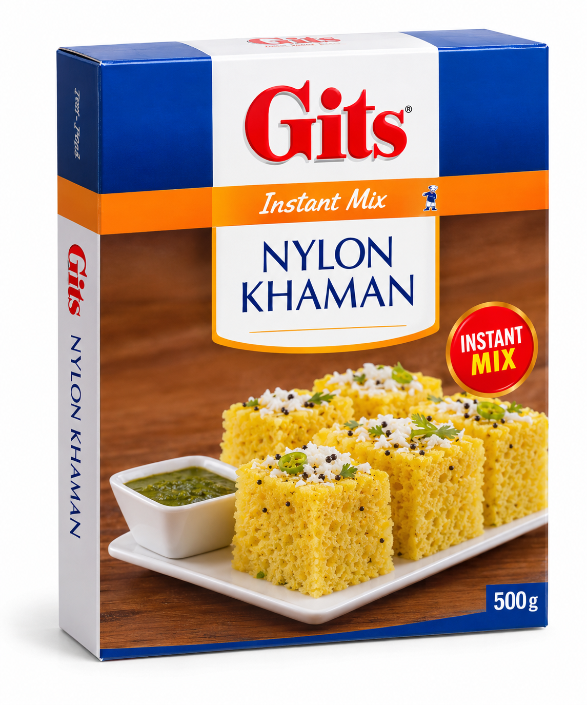 Gits Nylon Khaman Instant Mix 500g box featuring blue, white, orange, and brown packaging with the red Gits logo, Nylon Khaman lettering, and a photograph of fluffy yellow khaman garnished with herbs and served with green chutney against a clean white background.
