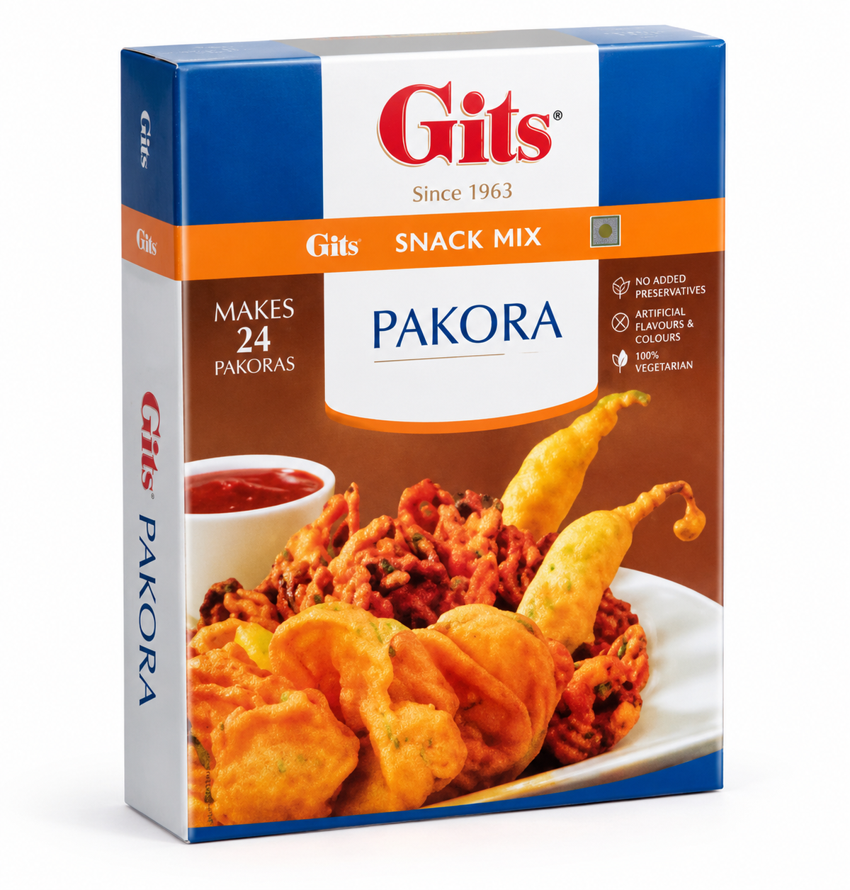 Gits Pakora Mix 500g box with blue, white and orange packaging, featuring crispy golden pakoras served with red chutney.