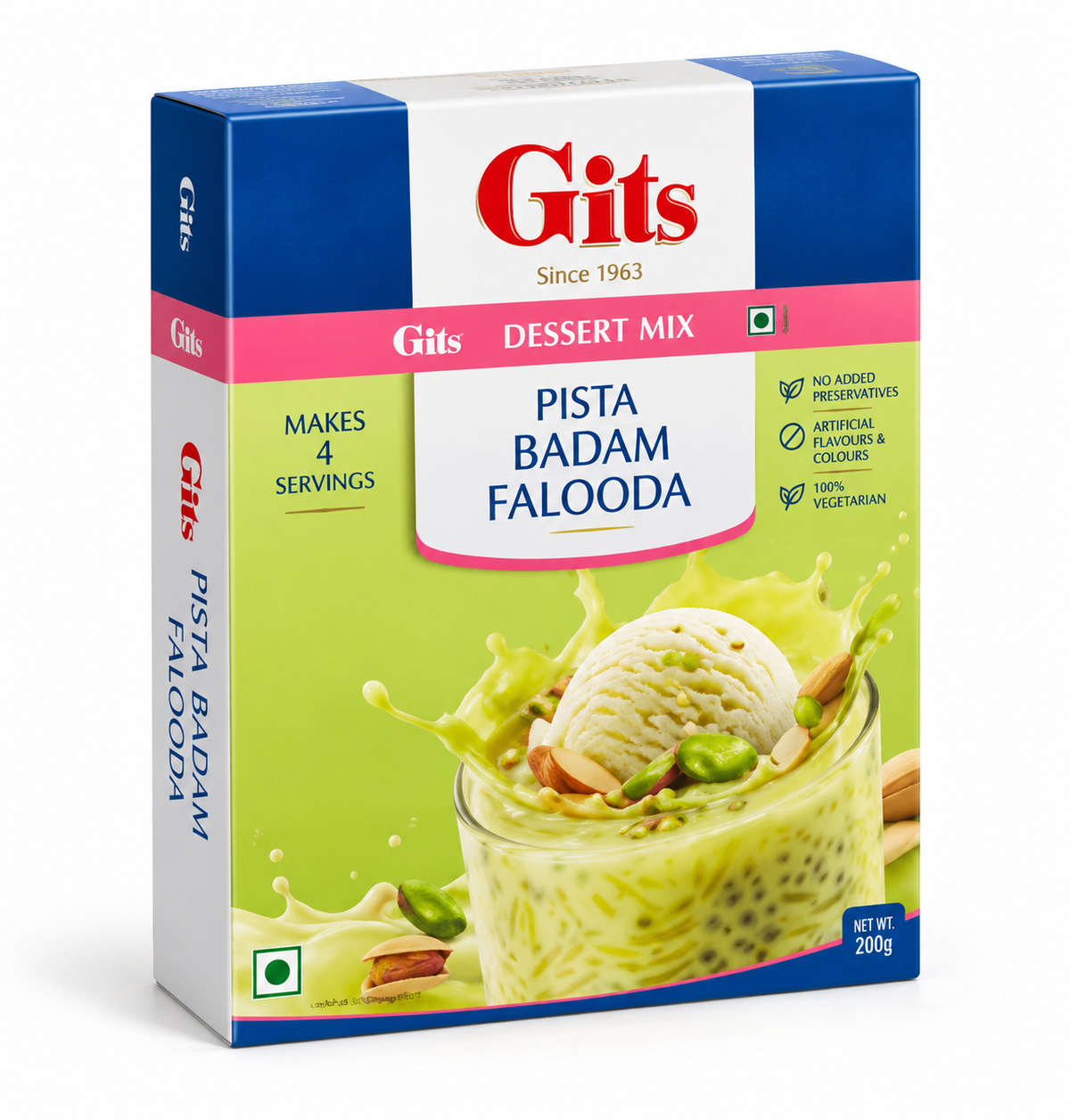 Gits Pista Badam Falooda Mix 200g box with blue, pink and pistachio-green packaging, featuring creamy falooda dessert with almonds, pistachios and vermicelli.