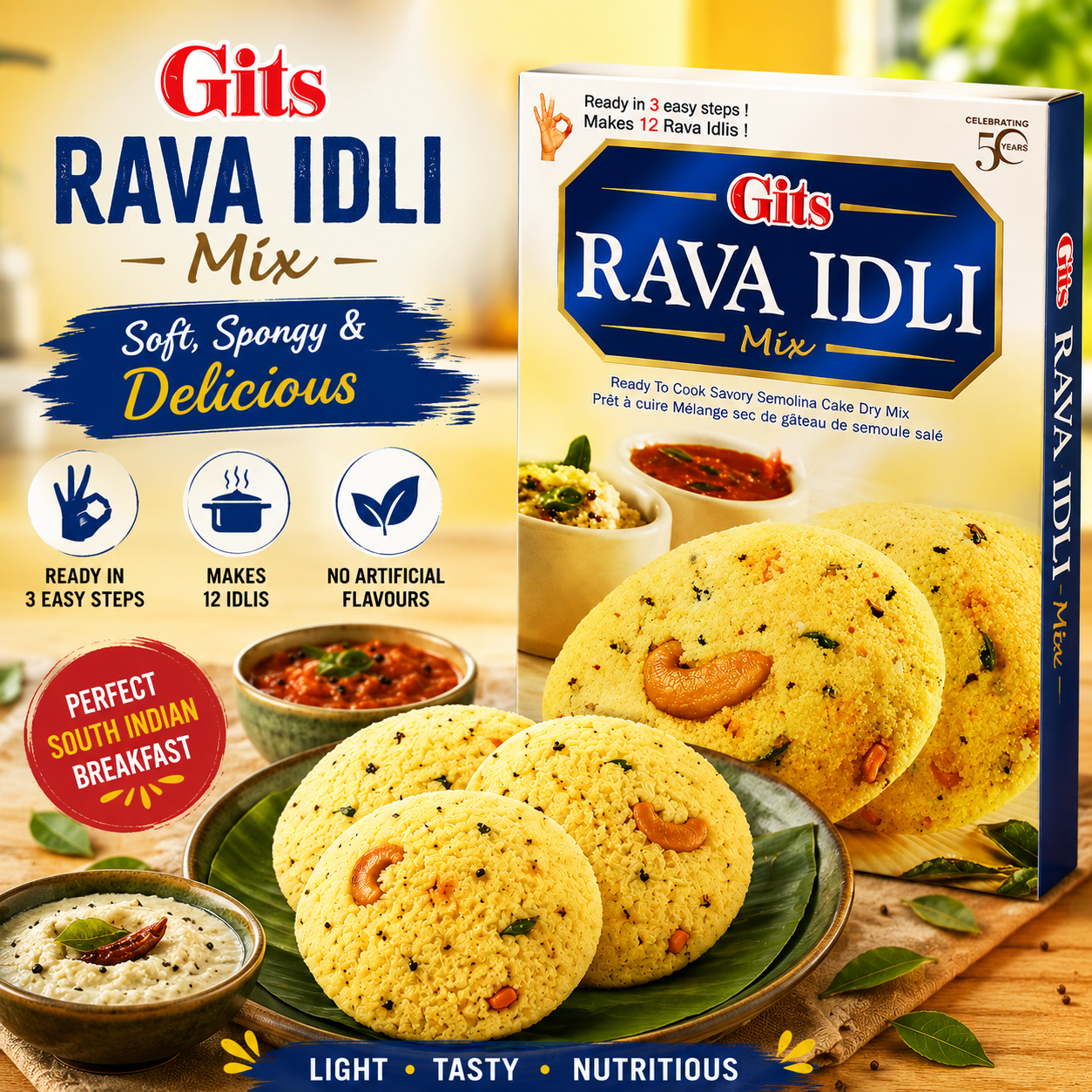 Premium lifestyle image of Gits Rava Idli Mix served as soft, spongy and delicious South Indian rava idlis with traditional coconut chutney and sambar, perfect for a wholesome breakfast.
